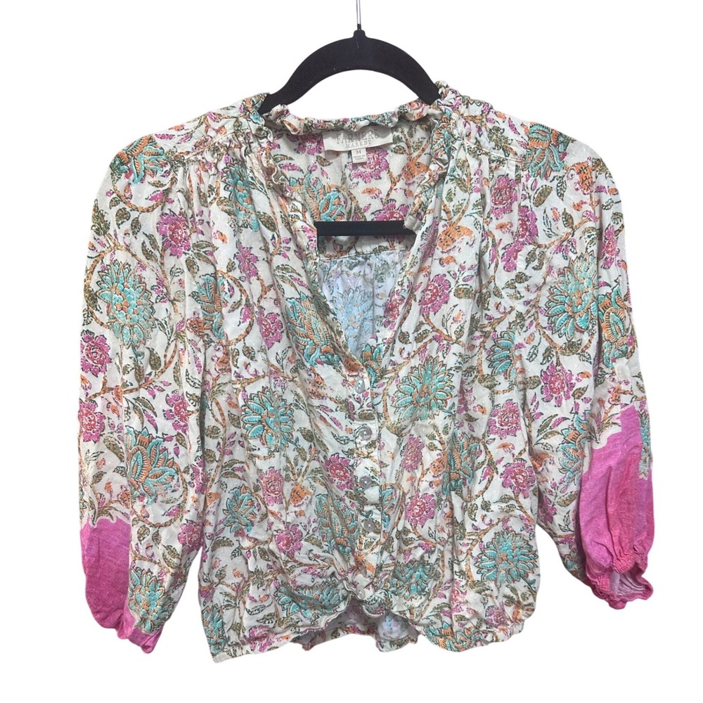 Farmers Market Floral Front Knot Rayon Blouse Pink Teal Cream Medium FM1021RAGP